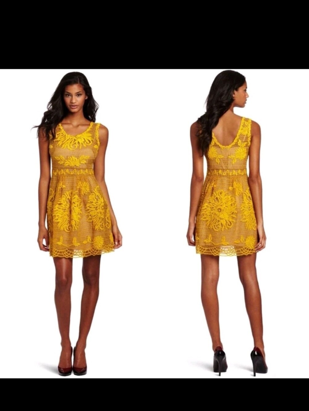 Yoana Baraschi Yellow Lace Fit-and-Flare Mini Dress